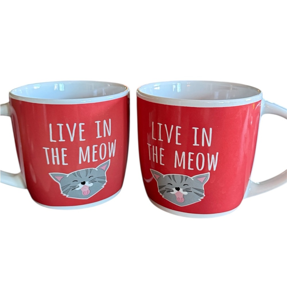 “LIVE IN THE MEOW” Mug Set Never used Great for the cat enthusiast